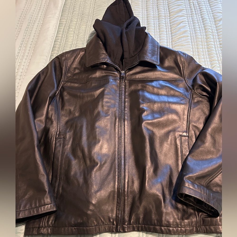 Black Rivet Dark Brown Leather Jacket with Hood